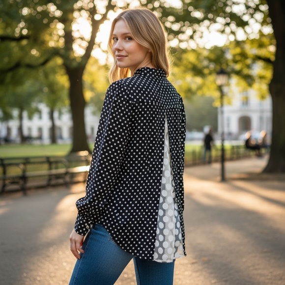 Tops - Navy Polka Dot Blouse with Sheer‎ Back Inset